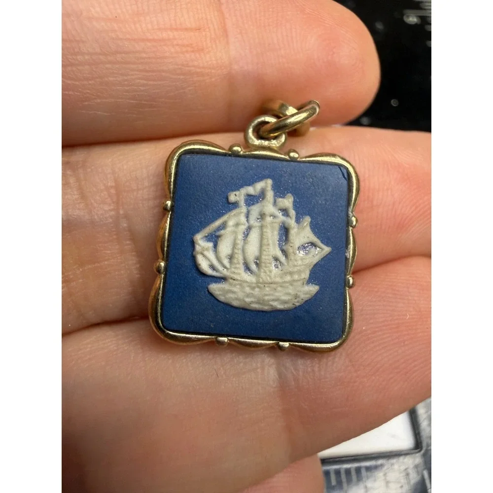 Wedgwood Blue Jasperware Sailing Ship Keychain Gold Tone Made in England